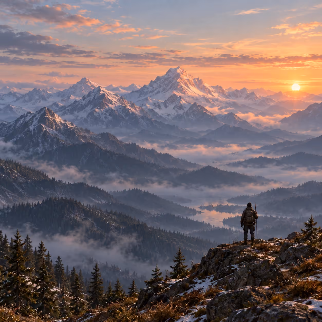 A hiker on a rocky summit at sunrise, looking over misty valleys, a lake, and snow-capped peaks