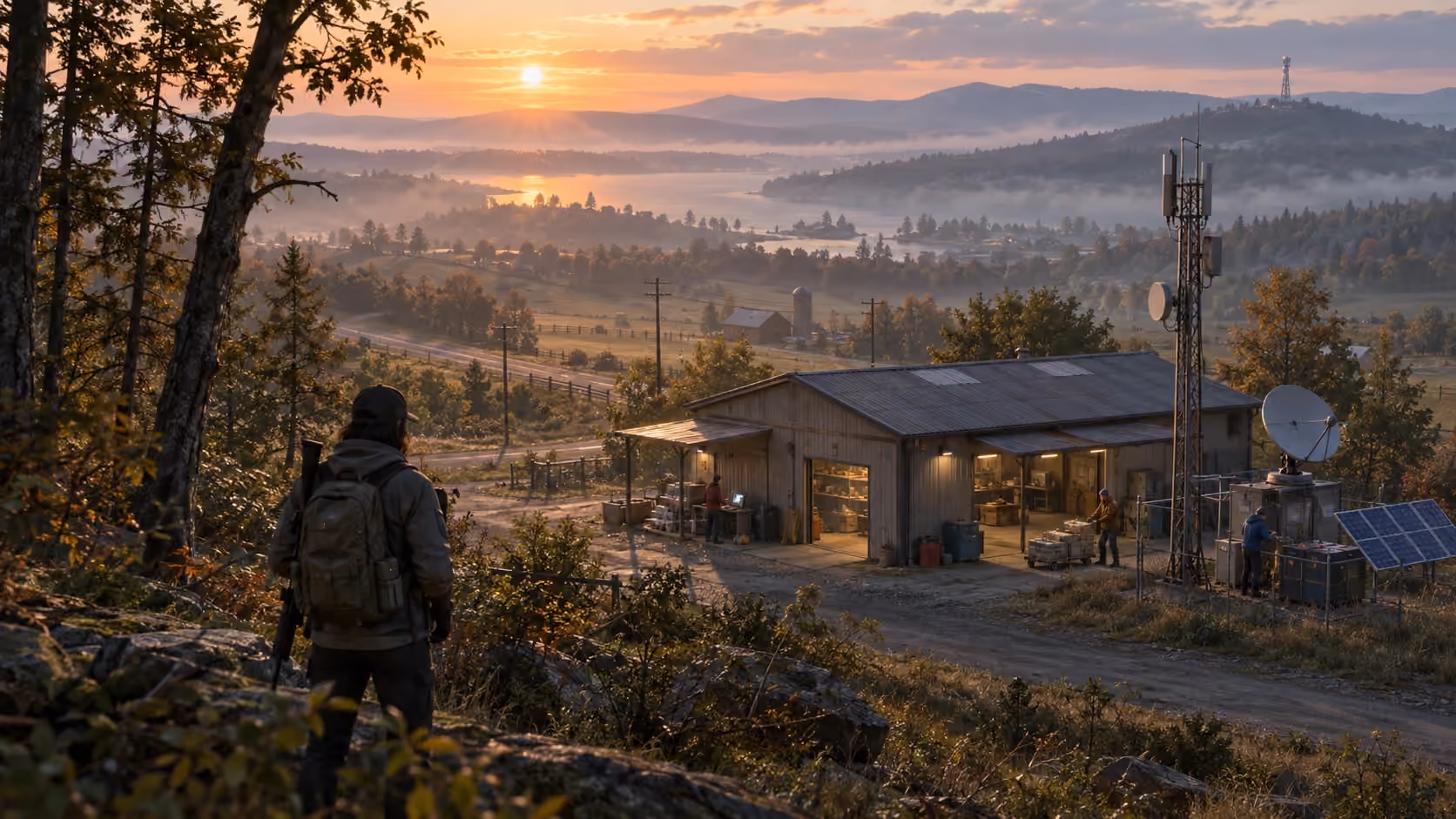 A survivor above a trading outpost at sunrise