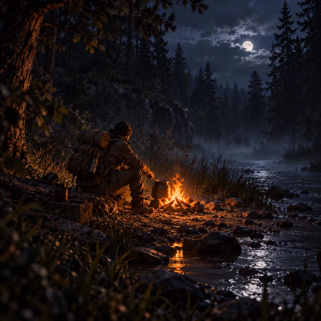 A survivor cooking over a campfire on a misty riverbank under a full moon