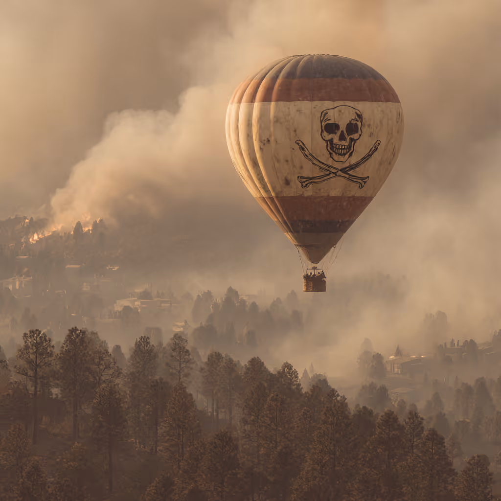 Illustration of a hot air balloon marked with a skull and crossed bones drifting over a burning forest