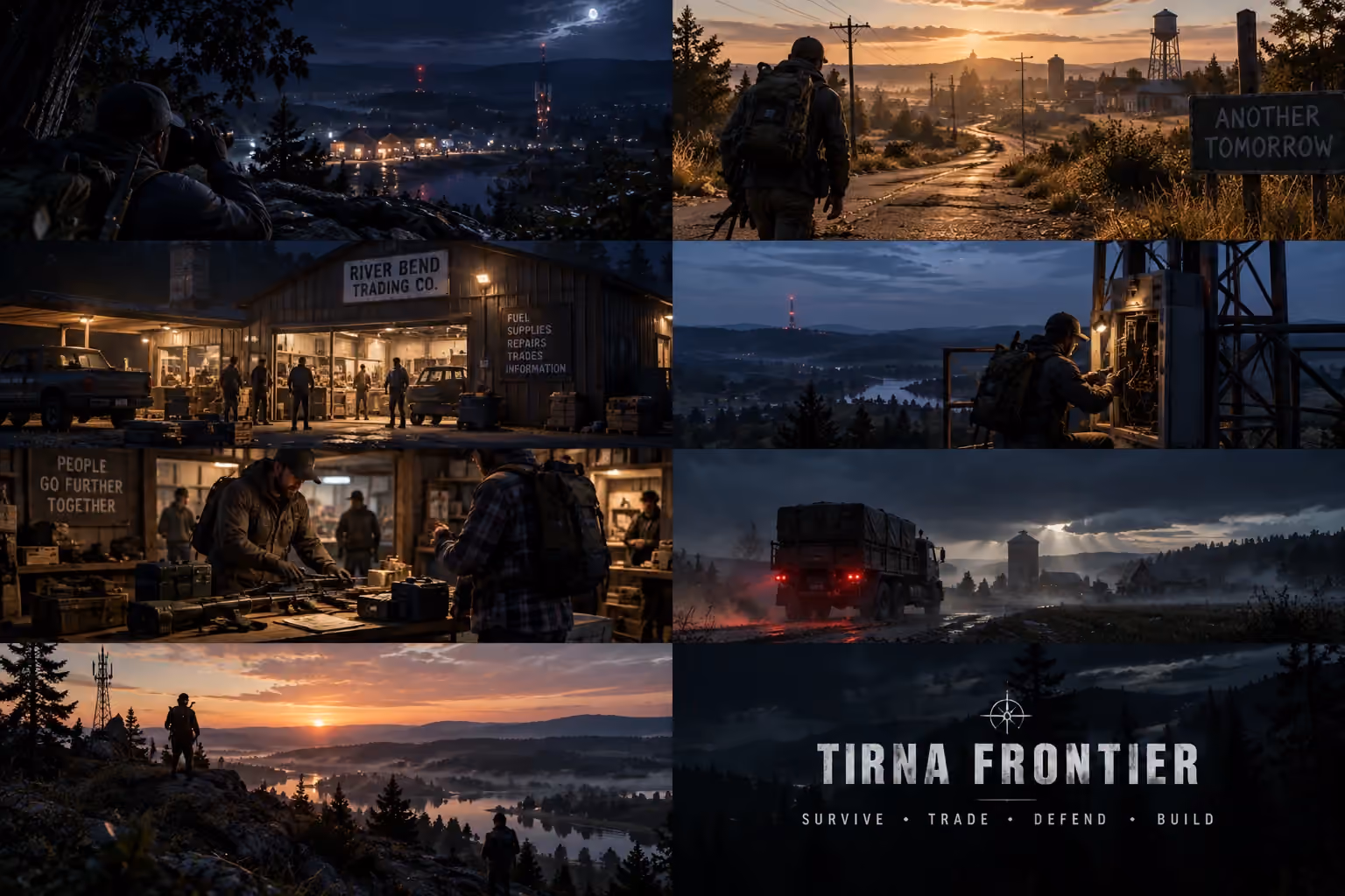 A collage of eight pre-production scenes: a scout with binoculars above a lit town at night; a survivor walking toward a small town at sunset past a roadside sign; a lit trading post at night; a survivor repairing a radio tower at dusk; survivors working at a crowded workbench; a cargo truck crossing a foggy field; a figure on a ridge above a lake at sunrise; and the Tirna Frontier title